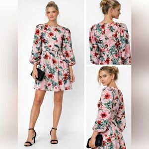 Nwt LES RÊVERIES Floral Silk Mini Dress Blouson Puff Sleeves Hibiscus Palms